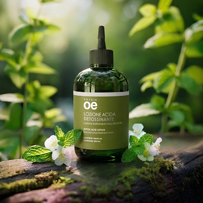 immagine del prodotto della lozione detossinante ambientata su sfondo con piante e fiori bianchi